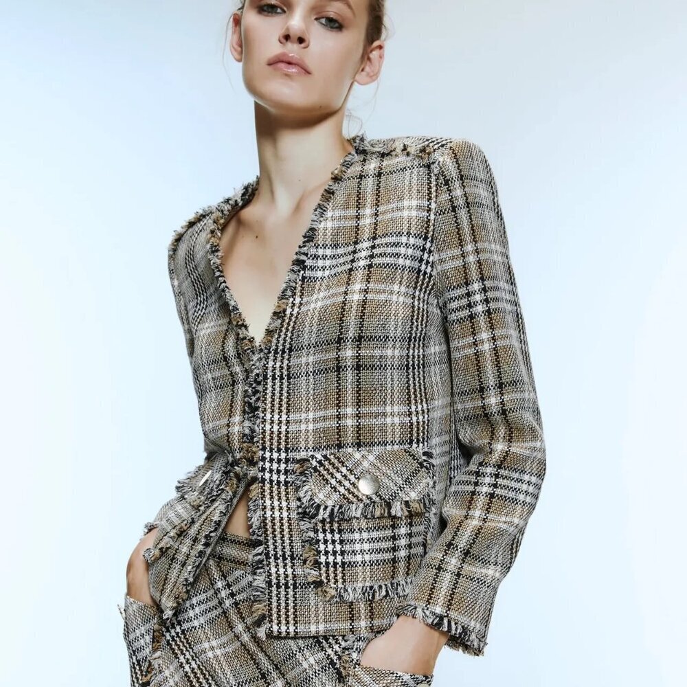 ZARA Tweed Frayed Plaid Blazer Cropped XS